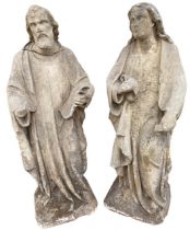 A PAIR OF 18TH CENTURY CARVED LIMESTONE FIGURES OF JOSEPH AND MARY. (h 71cm)