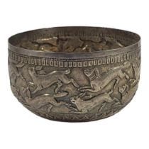 A LATE 19TH CENTURY SILVER BURMESE/INDIAN SILVER BOWL Having elaborate chased decoration showing