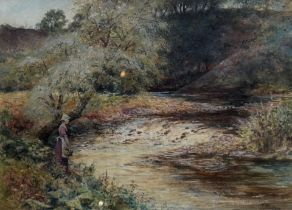 JAMES M. MACKAY, 1834 - 1917, A LATE 19TH CENTURY WATERCOLOUR Woodland river landscape with a maiden