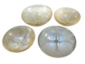 RENÉ LALIQUE, FOUR 20TH CENTURY FRENCH OPALESCENT GLASS BOWLS AND PLATE. Etched ‘R Lalique,
