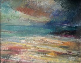 CLOE CLOHERTY, B. 1964, OIL ON LINEN Seascape, titled ‘Western Isles’, framed. (sight 38cm x 48.5cm,
