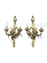 A LARGE AND IMPRESSIVE PAIR OF 18TH CENTURY DESIGN HEAVY BRASS THREE BRANCH WALL SCONCES Decorated