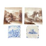 TWO COPELAND BROWN TILES Depicting river landscape scene with watermill, together with two 18th/19th