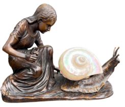 AN ART NOUVEAU BRONZE TABLE LAMP IN THE FORM OF A YOUNG GIRL HOLDING A ROSE AND A LARGE SNAIL WITH