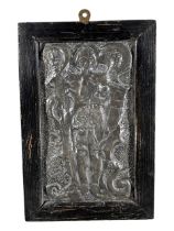 A LATE 19TH/EARLY 20TH CENTURY WHITE METAL PLAQUE OF ST. MICHAEL, THE ARCHANGEL Held in wooden