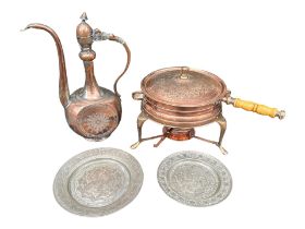 A 19TH CENTURY PERSIAN QAJAR COPPER EWER Together with a Persian copper chafing dish on stand with