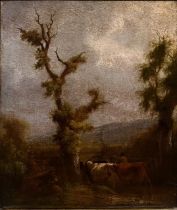 A 17TH CENTURY DUTCH OIL ON PANEL, MOUNTAIN LANDSCAPE Cattle and drover on a wooded path, held in