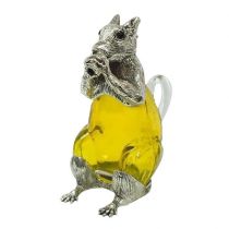 A 19TH CENTURY STYLE SILVER PLATED FIGURAL CARAFE IN THE FORM OF A SQUIRREL With an amber glass
