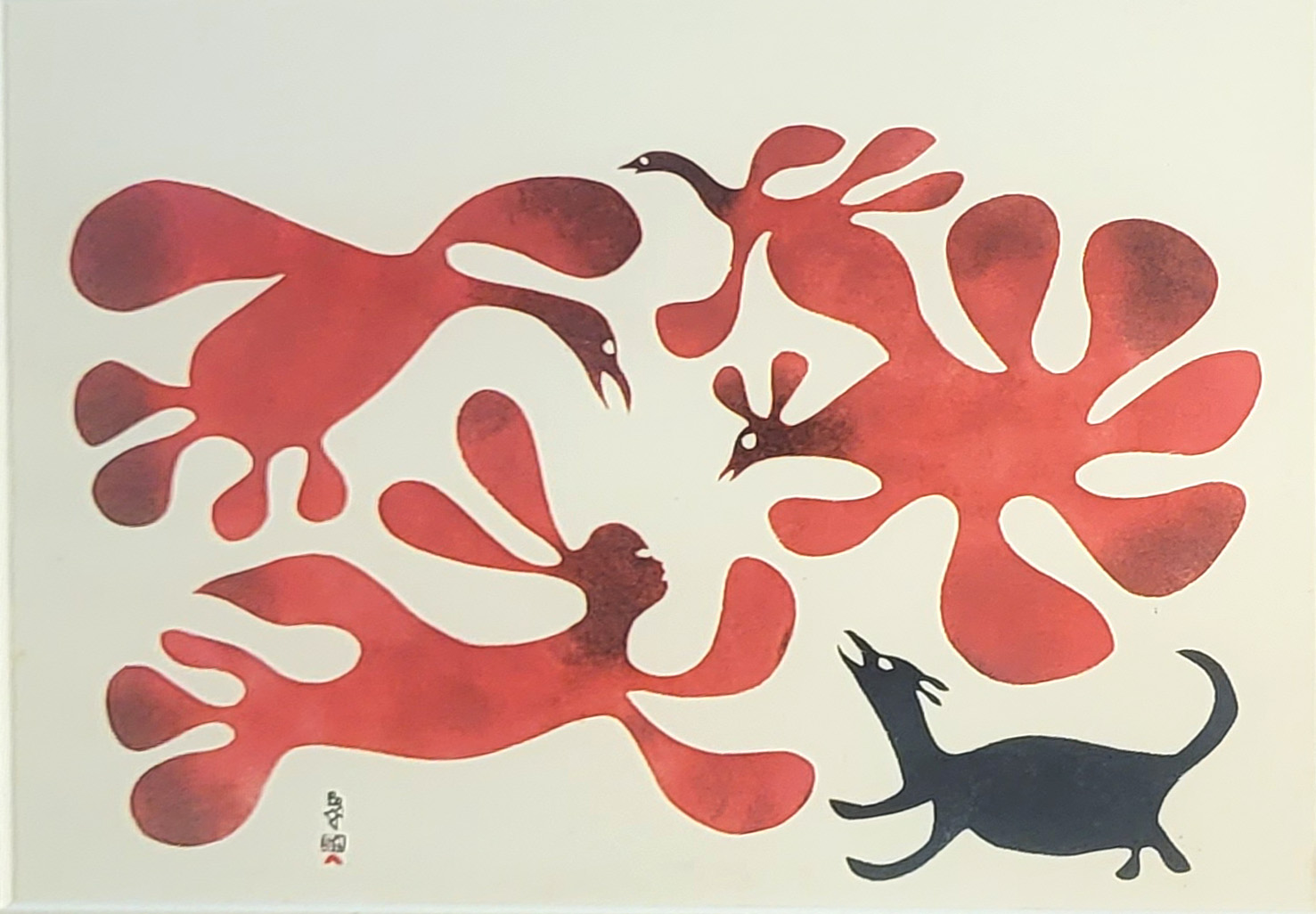 KENOJUAK ASHEVAK, 1927 - 2013, INUIT, CANADIAN, COLOURED PRINT (stone cut), titled ‘Dogs See
