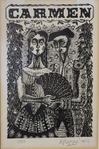 R. PEPPÉ, A MID 20TH CENTURY CONTINENTAL SCHOOL STYLISED BLACK AND WHITE ENGRAVING Spanish matador