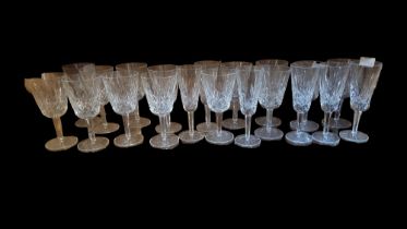 A SET OF EIGHTEEN WATERFORD LEAD CRYSTAL WINE GLASSES Baluster funnel bowl above, with diamond