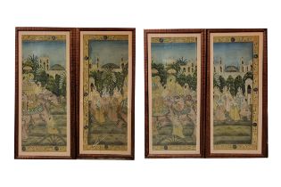 A SET OF FOUR 20TH CENTURY INDIAN WATERCOLOURS, FABRIC LANDSCAPES Figures wearing period traditional