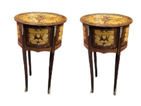 A PAIR OF CONTINENTAL WALNUT AND FLORAL MARQUETRY INLAID SIDE TABLES Oval form, with three