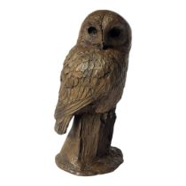 A 20TH CENTURY BRONZE OWL Having engraved decoration, initialled 'PS' to filled base. (approx