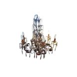 A LATE 19TH/EARLY 20TH CENTURY FRENCH GILT METAL AND CRYSTAL HUNG SIX BRANCH CHANDELIER. (w 64cm x d