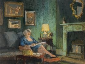 ERIC BRUCE MCKAY, 1907 - 1989, PASTEL ON PAPER Interior scene, seated lady reading a newspaper in an