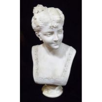 A 19TH CENTURY HALF LIFE SIZE CARVED WHITE MARBLE BUST OF A MAIDEN Wearing grape vine in her hair