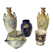 A PAIR OF ART NOUVEAU BOHEMIAN PORCELAIN TWIN HANDLED FLORA DECORATED VASES With arch shaped