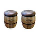 A PAIR OF IRON BOUND BARREL STOOLS With faux leather button back upholstered seat, branded ‘Jack