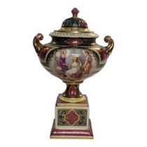 A FINE AUSTRIAN VIENNA STYLE JEWELLED PORCELAIN PEDESTAL TWIN HANDLED VASE AND COVER ON STAND, CIRCA