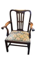 AN 18TH CENTURY RED WALNUT OPEN ARMCHAIR With pierced splat back scroll arms upholstered drop in