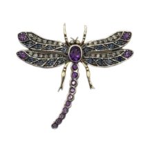 A YELLOW METAL, AMETHYST AND DIAMOND DRAGONFLY BROOCH Having an arrangement of graduated stones. (