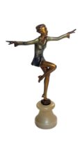 AFTER JOSEF LORENZL, AN ART DECO STYLE HEAVY SPELTER COLD PAINTED FIGURE OF A FEMALE DANCER, CIRCA