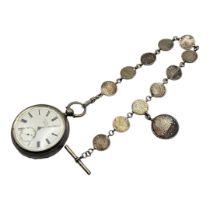 J.W. BENSON, A 19TH CENTURY SILVER GENTS POCKET WATCH AND COIN ALBERT CHAIN Open face with seconds