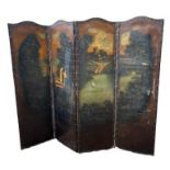 AN EDWARDIAN LEATHER AND HAND PAINTED FOUR FOLD SCREEN Decorated with a courting couple in a