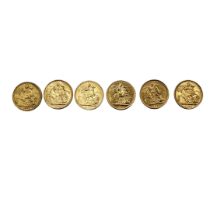 A RUN OF SIX VICTORIAN 22CT GOLD FULL SOVEREIGN COINS, DATED 1891, 1892,1893, 1894 and 1895(