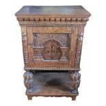 AN EARLY 20TH CENTURY ELIZABETHAN DESIGN OAK AND FLORAL MARQUETRY INLAID LOW SIDE CUPBOARD With