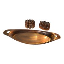 TWO VICTORIAN CASTELLATED COPPER OVAL JELLY MOULDS With engraved decoration marked 165 and 136,