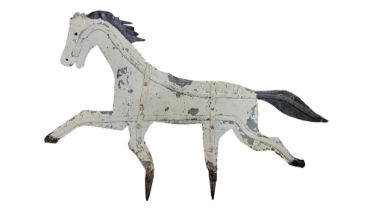 A VINTAGE PAINTED STEEL EQUESTRIAN WEATHERVANE White painted horse with pierced black mane. (