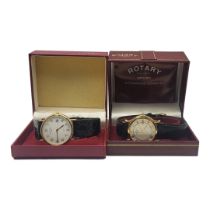 ROTARY, TWO VINTAGE GOLD PLATED GENT'S WRISTWATCHES Slim case with calendar windows and black