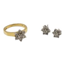 AN 18CT GOLD AND DIAMOND CLUSTER RING AND EARRINGS SET Having an arrangement of round cut diamonds