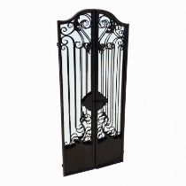 A CONTINENTAL DISTRESSED IRON FRAMED MIRROR With scrollwork grilled doors. (60cm x 150cm)