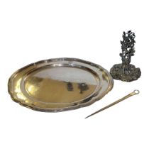 THREE PIECES OF ELKINGTON & CO., INCLUDING A LARGE SILVER PLATED SALVER Engraved with family