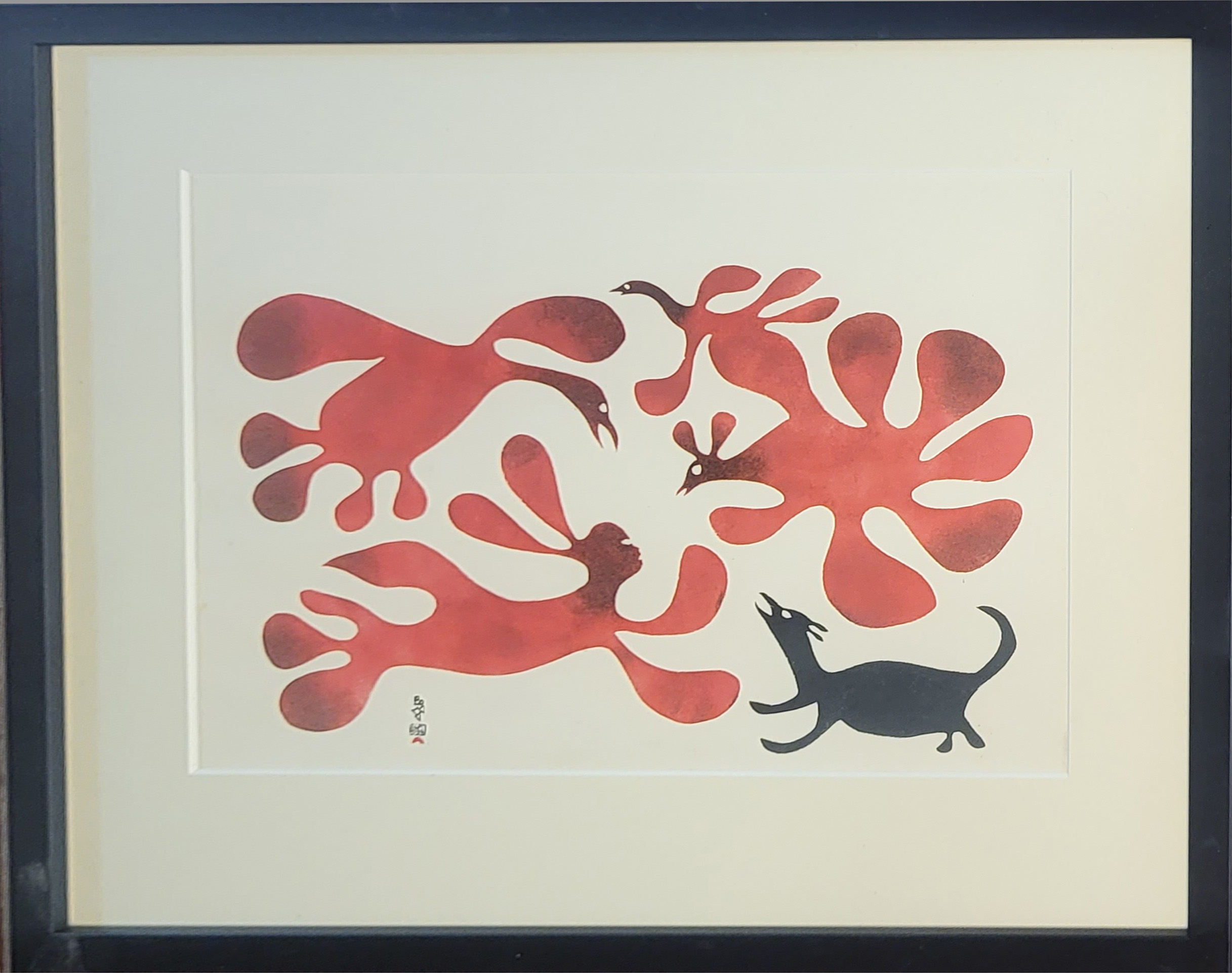 KENOJUAK ASHEVAK, 1927 - 2013, INUIT, CANADIAN, COLOURED PRINT (stone cut), titled ‘Dogs See - Image 2 of 7