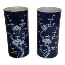 A PAIR OF EARLY 20TH CENTURY CHINESE BLUE AND WHITE PORCELAIN CYLINDRICAL SHAPED VASES, CIRCA 1900 -