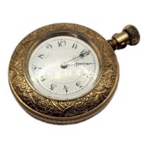 A 19TH CENTURY AMERICAN YELLOW METAL LADIES POCKET WATCH Having Arabic number markings, engraved