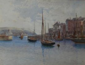 JOHN CLARKSON UREN, 1845 - 1932, WATERCOLOUR Coastal landscape, sailing ships in a Cornish