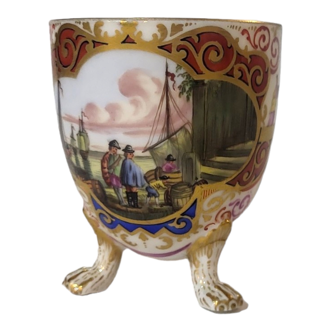 AFTER 18TH CENTURY MEISSEN-BOTTGER STYLE JEWELLED CABINET CUP Painted with rustic and harbour - Image 5 of 6