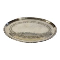 AN ARTS AND CRAFTS SILVER PLATED OVAL SERVING TRAY Having a hammered planished finish with