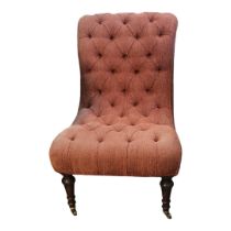 GEORGE SMITH, A VICTORIAN STYLE SCROLL BACK NURSING CHAIR Salmon pink button back fabric upholstery,