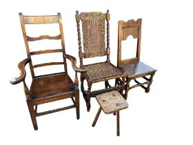 A 19TH CENTURY OAK OPEN ARMCHAIR With swept arms and solid seat, along with an 18th Century standard