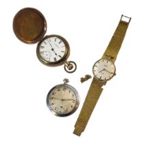 AN AMERICAN WALTHAM GOLD PLATED OPEN FACED POCKET WATCH White enamel dial, subsidiary extra dial,