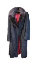 A VINTAGE ASTRAKHAN AND MINK FUR COATS Dark brown fur collar with black astrakhan and red silk