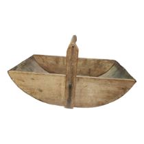 A VINTAGE PINE AND STEEL GARDEN TRUG/BASKET Having a single carry handle and steel base. (approx