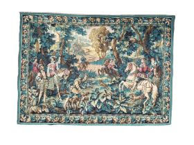 GOBELINS-AUBUSSON VERDURE MANNER, WOOL TAPESTRY PANEL OF A ROYAL HUNTING SCENE, CIRCA 1900 - 1920