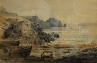 WALTER FINCH, A VICTORIAN WATERCOLOUR Landscape, Cornish cottage with fishing boats, signed lower